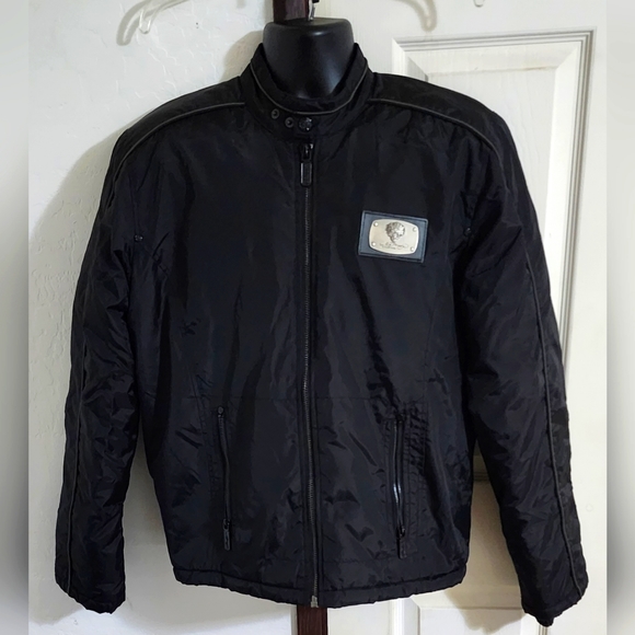 Ed Hardy Christian Audigier Moto Jacket‎ Size Medium Black Nylon Lightweight EUC - Picture 1 of 11